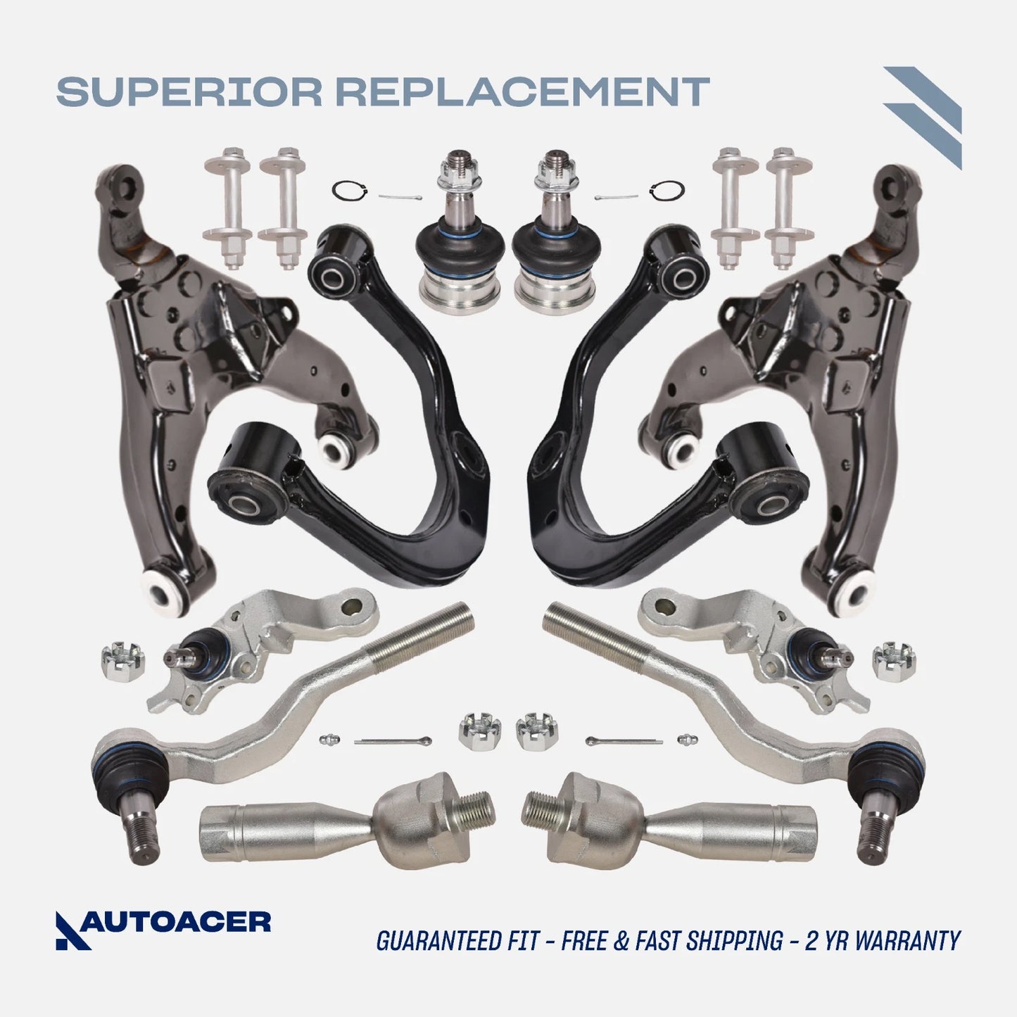Front Suspension Kit 14 Pcs - Front Upper, Lower Control Arms with Bushings Pre-Fitted, Ball Joints, Inner Outer Tie Rods & Camber Bolts for TOYOTA Tacoma 4WD, Pre-Runner 2WD Models