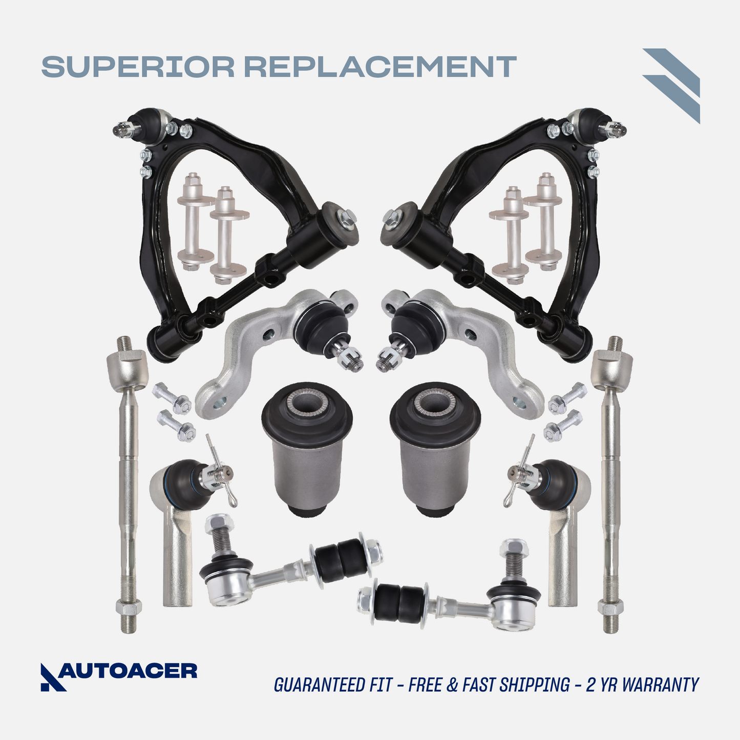 AUTOACER Front Suspension Kit 16p - Control Arms, Ball Joints, Bushings, Tie Rods, Stabilizer Bar Links & Camber Bolt Kit for TACOMAS-RUNNER, BASE, DLX (RWD / 2WD Models)
