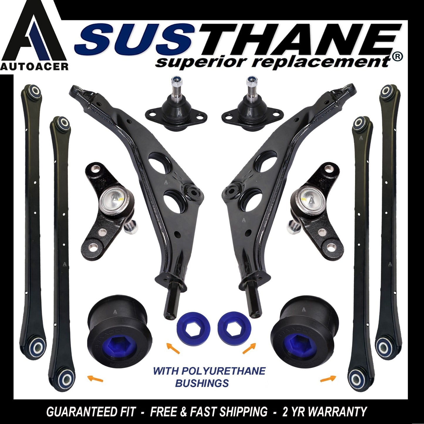 Front & Rear Kit 12p Upper Lower Control Arms, PU Bushings, Ball Joints for Mini