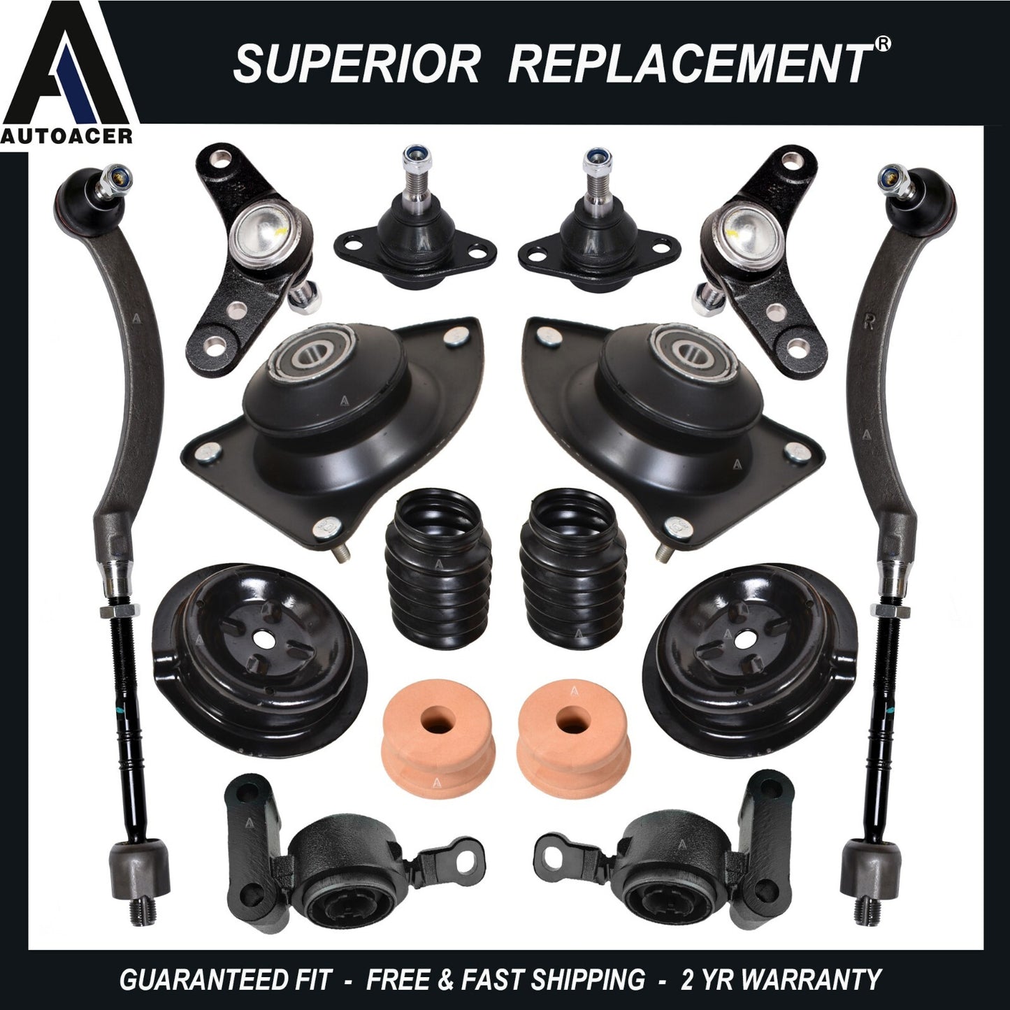 Front Strut Mounts, Lower Arm Bushings, Ball Joints & Tie Rod Set 10pcs for Mini