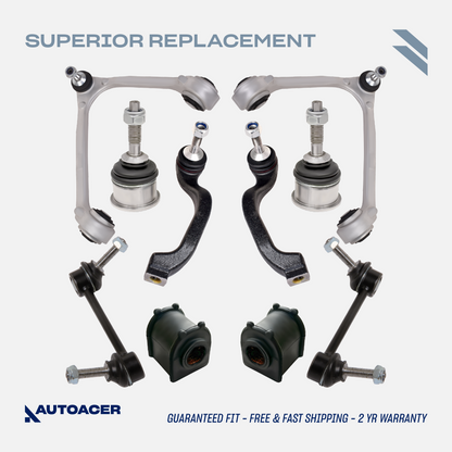 AUTOACER - 10p Front Upper Control Arms, Lower Ball Joints 14mm, Stabilizer Bar Links, Outer Tie Rod Set & Sway Bar Bushings For Jaguar S-Type 1999-2007