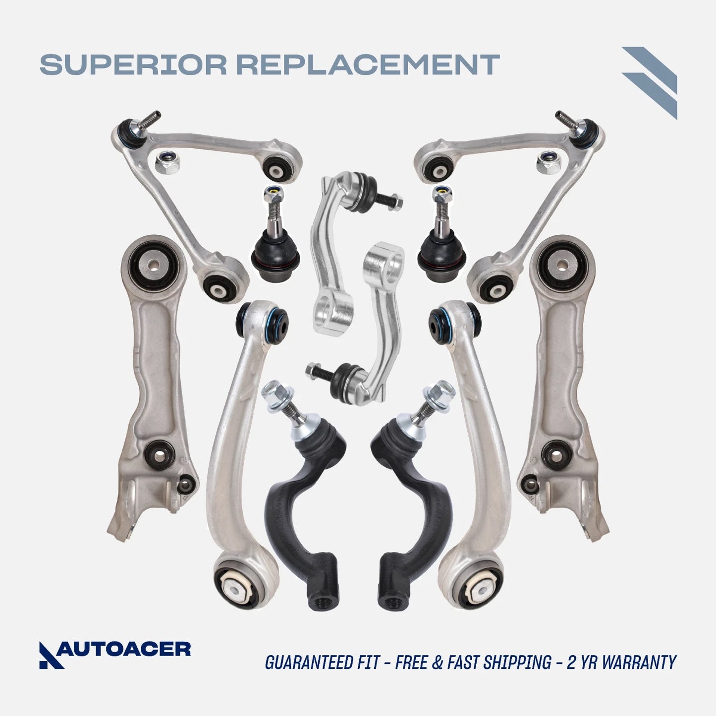 AUTOACER 12 piece Front Suspension Kit - Control Arms, Knuckle Arm Ball Joints, Outer Tie Rods & Sway Bar Links for Jaguar