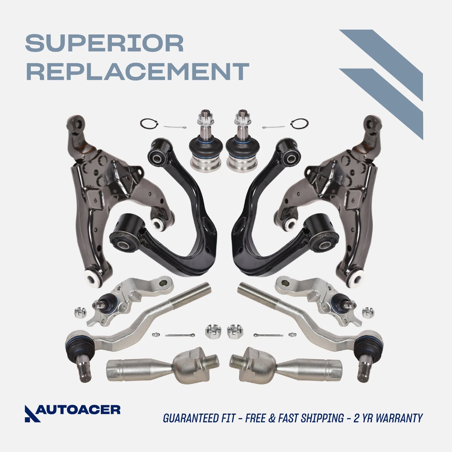 Front Suspension Kit 12 Pcs - Upper, Lower Control Arms, Ball Joints & Tie Rods for Toyota Tacoma 4WD 1995-2004, Pre-Runner 2WD 1995-2004