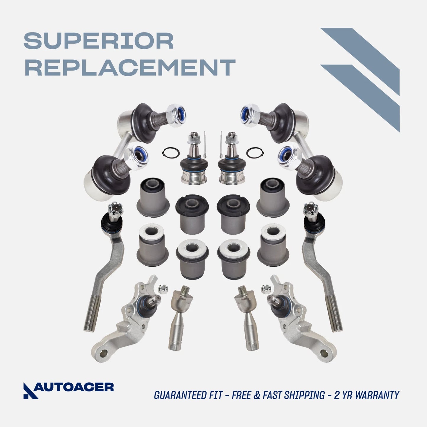 Front Suspension Kit 18 Piece - Front Upper & Lower Control Arm Bushings, Ball Joints, Tie Rods & Stabilizer Bar Links for Toyota Tacoma 1995-2004 4WD & Pre Runner 1998-2004 2WD